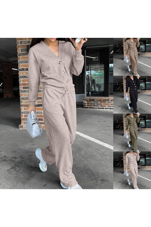 Two Piece Set for Women,Set 2 Piece Suits for Women Long Sleeve V Neck Button Cardigan with Drawstring Pants Womens Fall Winter Outfit Set Loose Casual Ladies Fashion Set