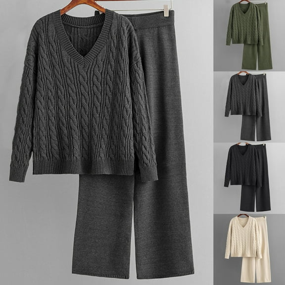 YHAJDS Two Piece Set for Women,Suit Set 2 Piece Suits for Women Outfits for Women 2 Piece Set Fashion Cable Knit V Neck Sweater and Wide Leg Pants Warm Fall Winter Knitted Set