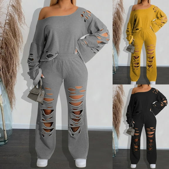 YHAJDS Two Piece Set for Women,Sweat Set Solid Color Distressed Long Sleeve Loose Sweatshirt With Pocket 2 Piece Outfits for Women Fall Winter Casual Fashion Ladies Wear
