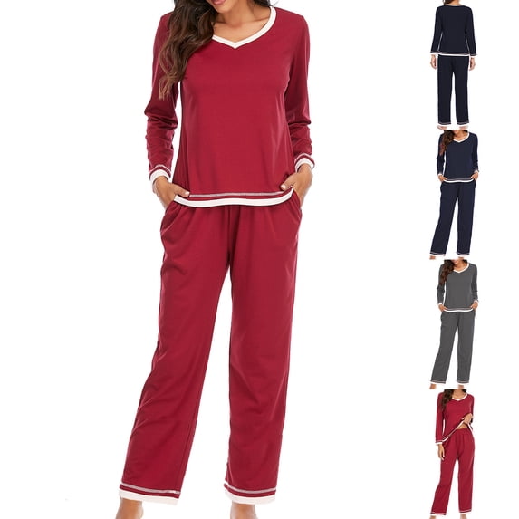 YHAJDS Two Piece Set for Women,Women’s Sleepwear Set Womens Fall Winter Outfit Set Solid Color Long Sleeve V Neck Loose Top With Pockets And Pants Soft Comfortable Pajama Loungewear For Fall Winter