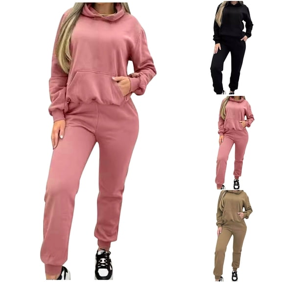 YHAJDS Two Piece Set for Women,Womens Fall Winter Outfit Set Fleece Lined Long Sleeve Hooded Pocket Top and High Waist Drawstring Cuffed Pants Solid Color Casual Sweat Set