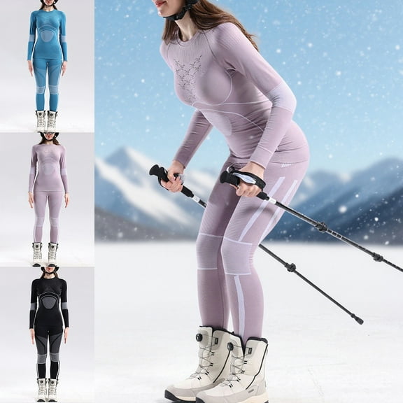 YHAJDS Two Piece Set for Women,Solid Color Ski Thermal Compression Set Long Sleeve Top and Pants Moisture Wicking Quick Dry Warm Winter Ladies Set