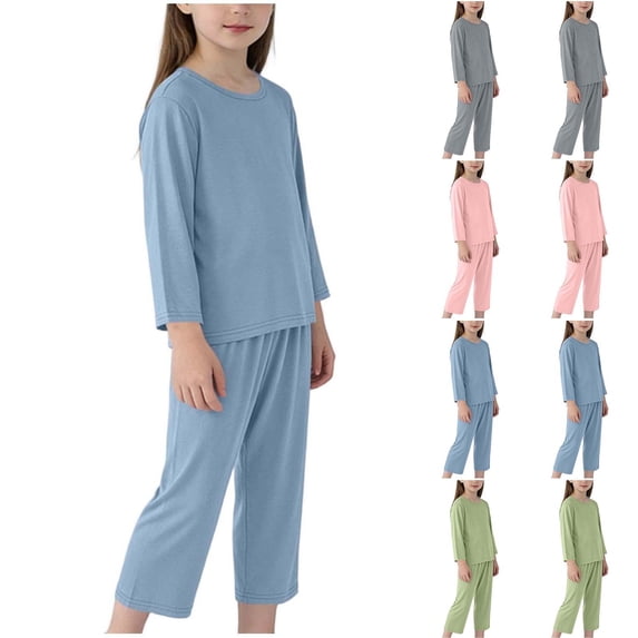 YHAJDS Unisex Kid Girl Boy 2 Piece Sleep Set Solid Color Long Sleeve Crewneck Tee High Waist Capri Pants Home Set