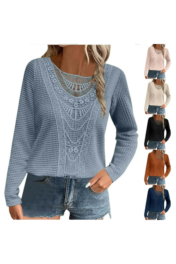 Winter Casual Blouse Top for Women,Women's Long Sleeve Tops Womens Casual Long Sleeve Sweatshirt Solid Color Lace Pineapple Check Crew Neck T Shirt