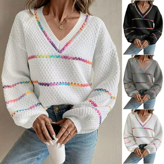 YHAJDS Winter Casual Blouse Top for Women,Women's Long Sleeve Tops Womens Casual Long Sleeve Sweatshirt Striped V Neck Color Block Loose Pullover Sweater For Women Fall Winter
