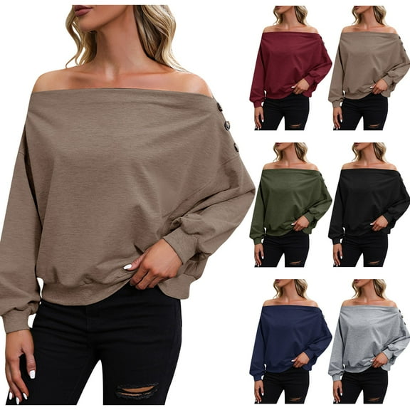 YHAJDS Winter Casual Blouse Top for Women,Women's Long Sleeve Tops Womens Long Sleeve Sweatshirt Solid Color Loose Off The Shoulder Long Sleeve Pullover Sweatshirt for Women Fall Winter Casual