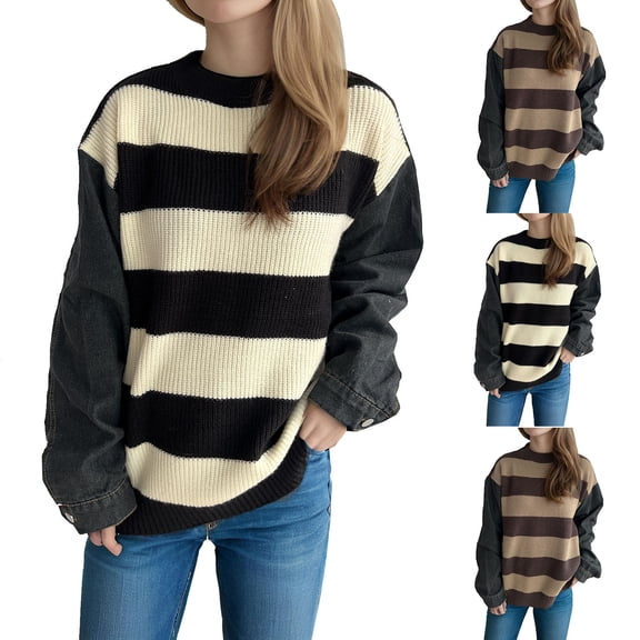 YHAJDS Winter Casual Blouse Top for Women,Women's Long Sleeve Tops Womens Winter Loose Sweatshirt Pocket Tops Denim Sleeve Patchwork Striped Round Neck Loose Knitted Cardigan Sweater for Women