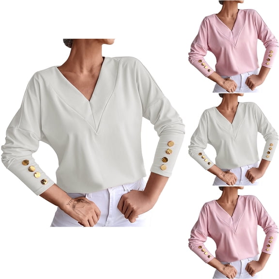 YHAJDS Winter Casual Blouse Top for Women,Women's Long Sleeve Tops Solid Color V Neck Loose Slim Versatile Base Layer Shirt for Fall Winter