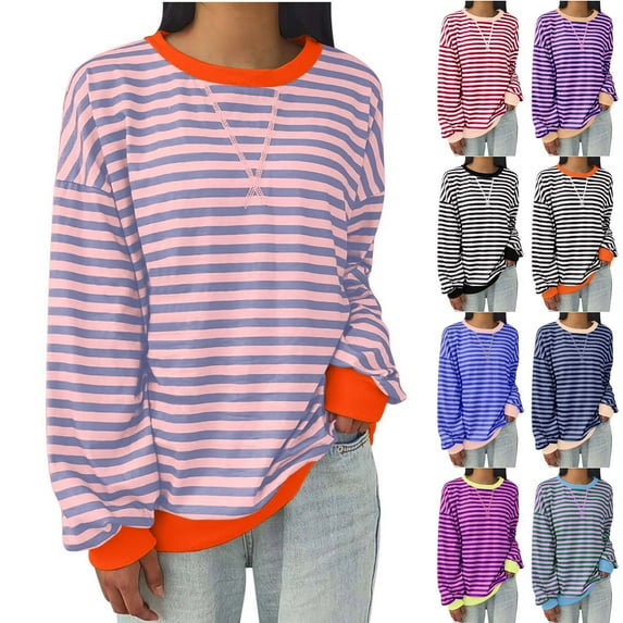 YHAJDS Winter Casual Blouse Top for Women,Women's Long Sleeve Tops Striped Color Block Crew Neck Shirt Loose Casual Fashion Top for Fall Winter