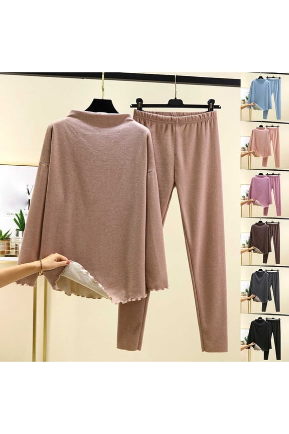 Winter Casual Pajama Suits For Women,Sleepwear Sets For Women Solid Color Mock Neck Long Sleeve Top And Pants Warm Velour Fabric Home Wear