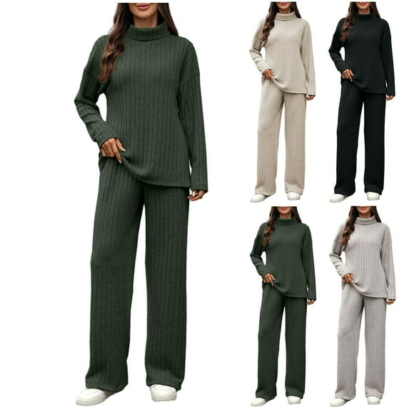 YHAJDS Winter Casual Pajama Suits For Women,Sleepwear Sets For Women Solid Color Turtle Neck Long Sleeve Top Elastic Waist Wide Leg Pants Home Wear