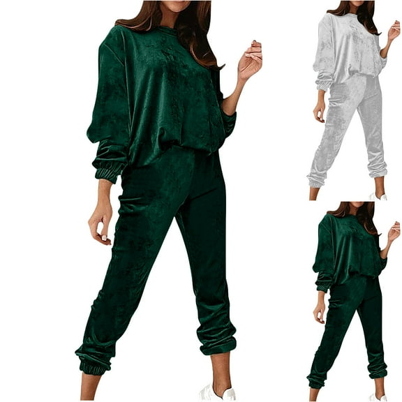 YHAJDS Winter Casual Pajama Suits For Women,Sleepwear Sets For Women Women's Pajama Sets Solid Color Flannel Long Sleeve Round Neck Top With Pants