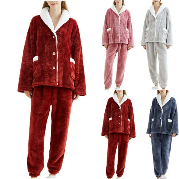 YHAJDS Winter Casual Pajama Suits For Women,Button Pajamas For Women Set Sleepwear Sets For Women Solid Color Flannel Long Sleeve Button Front Top With Pants