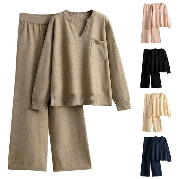YHAJDS Winter Casual Pajama Suits For Women,Sleepwear Sets For Women Sleep Set Home Wear Solid Color Knit V Neck Long Sleeve Top With Pocket And Pants