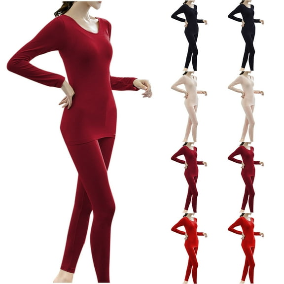 YHAJDS Winter Casual Pajama Suits For Women,Sleepwear Sets For Women Sleep Set Solid Color Long Sleeve Crew Neck Thermal Top With Elastic Waist Pants Home Wear