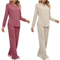 thumbnail image 1 of YHAJDS Winter Casual Pajama Suits For Women,Sleepwear For Women Pajama Set Home Wear Solid Color V Neck Long Sleeve Textured Thermal Top And Pants With Pockets Loungewear Set, 1 of 1