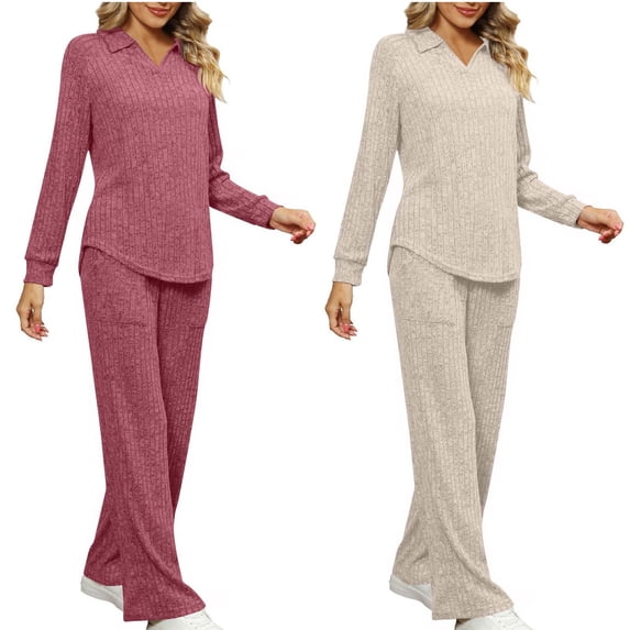 YHAJDS Winter Casual Pajama Suits For Women,Sleepwear For Women Pajama Set Home Wear Solid Color V Neck Long Sleeve Textured Thermal Top And Pants With Pockets Loungewear Set
