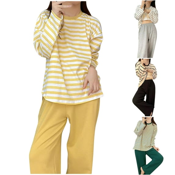 YHAJDS Winter Casual Pajama Suits For Women,Sleepwear For Women Pajama Set Women's Pajama Sets Sleepwear With Built In Bra Solid Color Long Sleeve Top With Pants