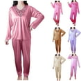 thumbnail image 1 of YHAJDS Winter Casual Pajama Suits For Women,Women Plus Size Solid Color Lightweight Long Sleeve Satin V Neck Loungewear Two Piece Set Soft Silky Fabric for Ultimate Comfort, 1 of 5