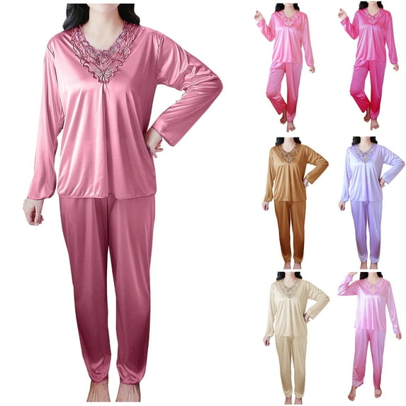 YHAJDS Winter Casual Pajama Suits For Women,Women Plus Size Solid Color Lightweight Long Sleeve Satin V Neck Loungewear Two Piece Set Soft Silky Fabric for Ultimate Comfort