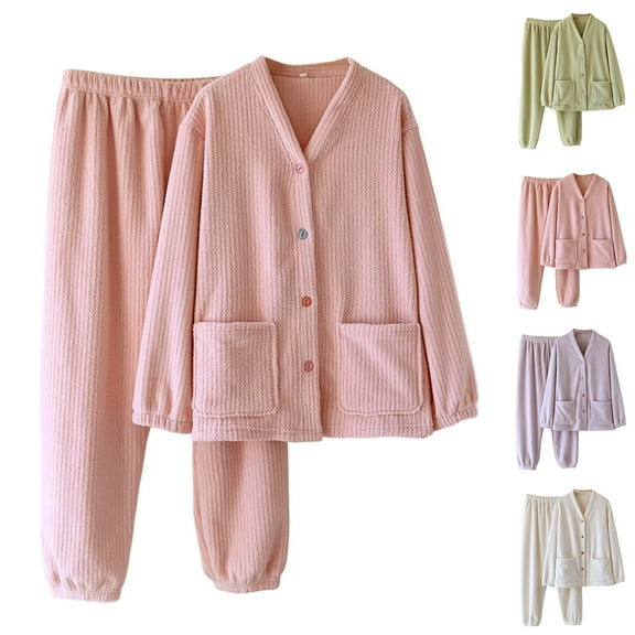 YHAJDS Winter Casual Pajama Suits For Women,Women Sleepwear Set Women's Pajama Sets Home Wear Solid Color Long Sleeve V Neck Button Down Top With Pockets And Elastic Waist Pants Two Piece Set