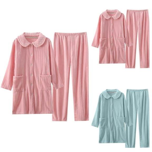 YHAJDS Winter Casual Pajama Suits For Women,Women's Pajama Sets Home Wear Solid Color Long Sleeve Textured Thermal Nightgown And Pants With Peter Pan Collar Pajama Set