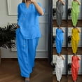 thumbnail image 1 of YHAJDS Women 2 Piece Linen Set Solid 3-4 Sleeve Button Front Top Wide Leg Pants, 1 of 5