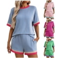 thumbnail image 1 of YHAJDS Women 2 Piece Lounge Set Summer Colorblock Round Neck Short Sleeve Top Knit Shorts, 1 of 5