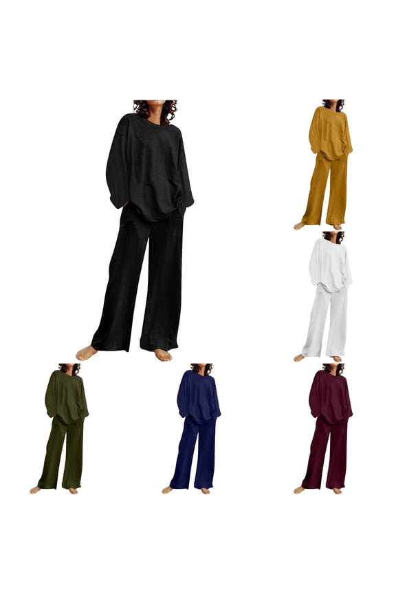 Women 2 Piece Lounge Set Summer Drop Shoulder Long Sleeve Round Neck Top Straight Pants