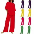 thumbnail image 1 of YHAJDS Women 2 Piece Set Summer Casual Solid Short Sleeve Round Neck Top Elastic Pants, 1 of 5