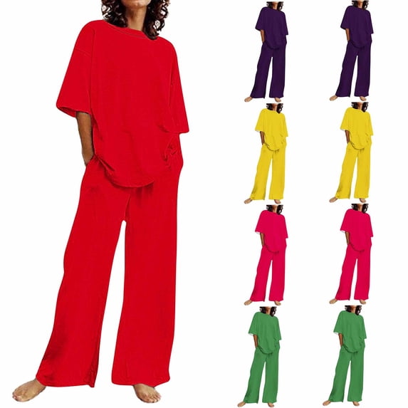 YHAJDS Women 2 Piece Set Summer Casual Solid Short Sleeve Round Neck Top Elastic Pants