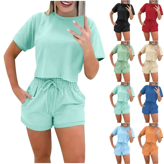 YHAJDS Women 2 Piece Summer Outfit Solid Color Short Sleeve Crewneck Top Elastic Shorts Set