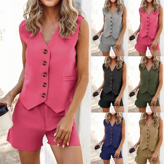 YHAJDS Women 2 Piece Summer Outfit V Neck Sleeveless Vest Top Slim Elastic Waist Shorts