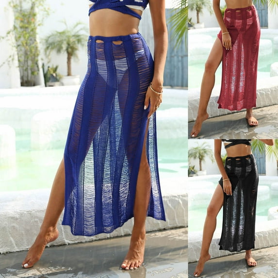 YHAJDS Women Beach Cover Ups Solid Color High Waist Sheer Cut Out Side Slit Mesh Ankle Length Summer Style