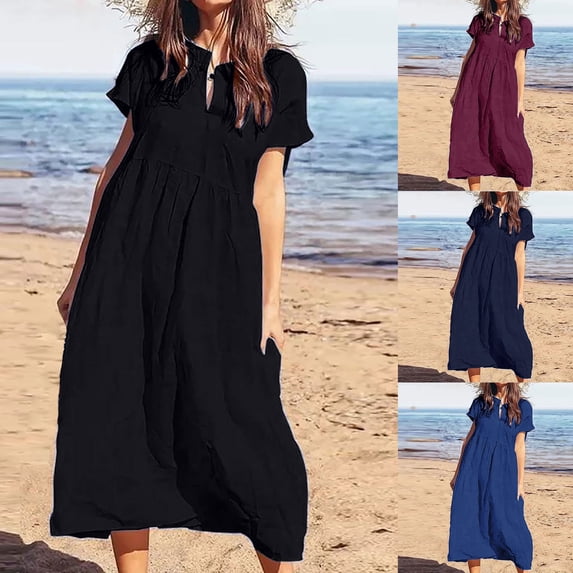 YHAJDS Women Beach Short Sleeve Dresses Flowy V Neck Ankle Length Casual