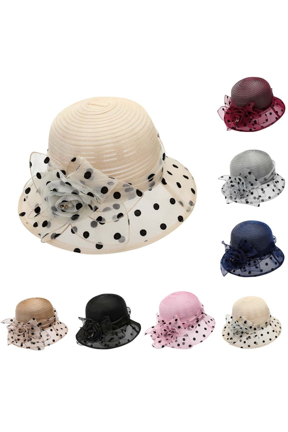 Women Bucket Hat Polka Dot Print Breathable Organza Flower Sun Cap Summer Daily