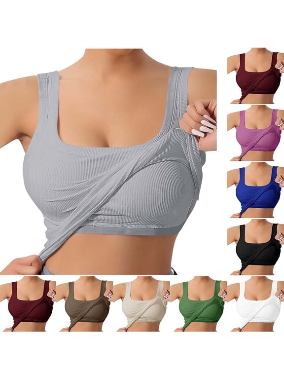 Women Built In Bra Tank Tops Solid Color U Neck Sleeveless Backless Bralette Built In Cup Support Top