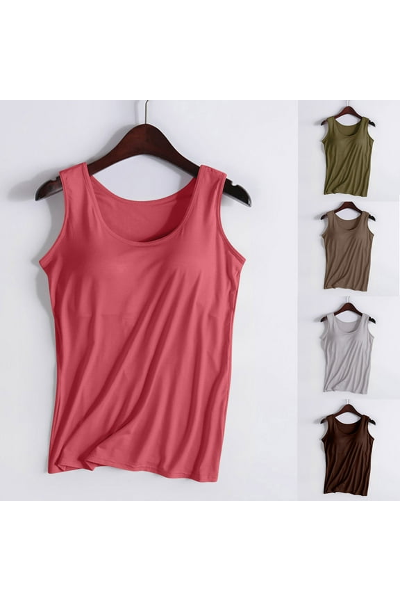 Women Built in Bra Tank Tops Slim Cami Shirts Solid Color Round Neck Padded Yoga Sports Sleeveless Top