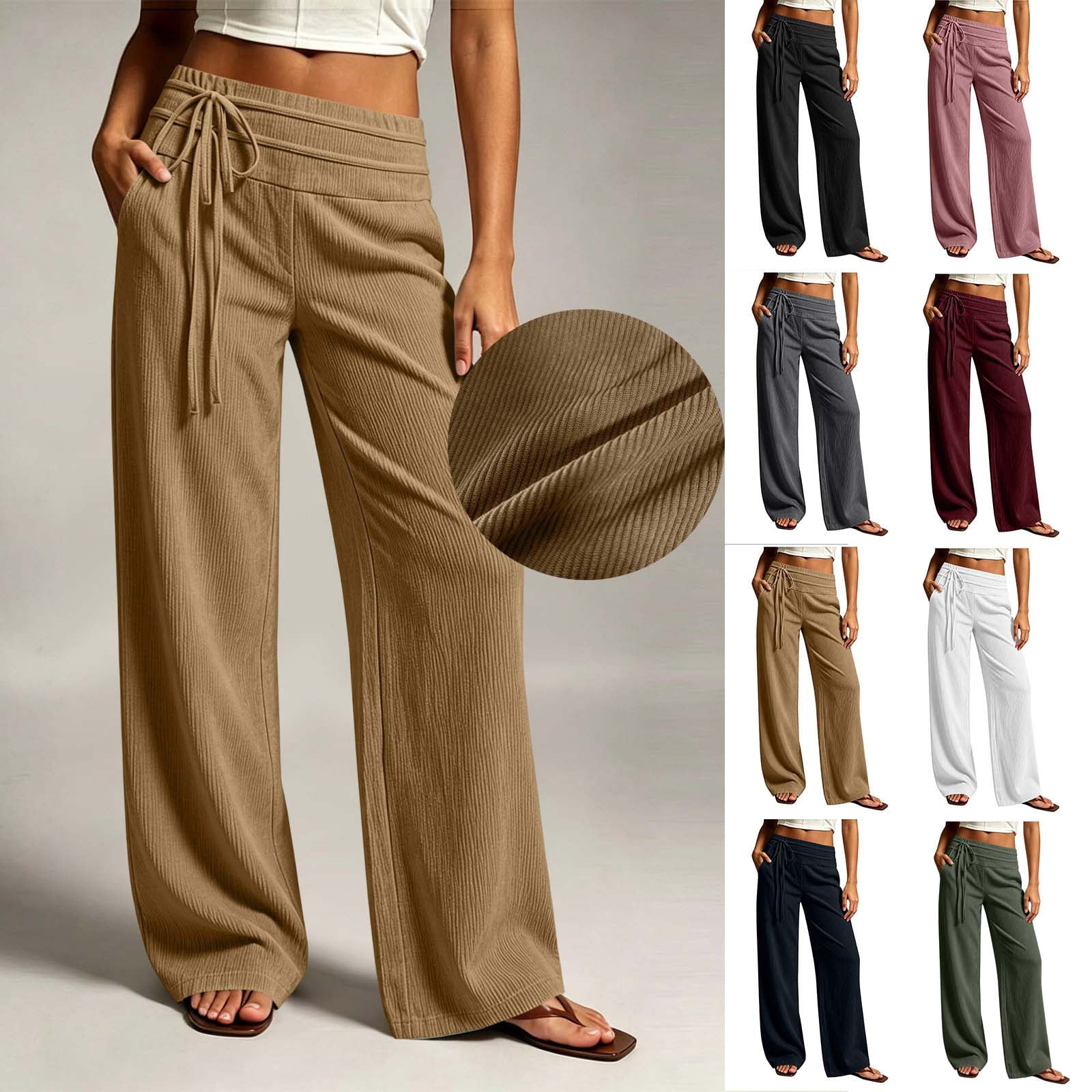YHAJDS Women Casual Corduroy Pants Solid Color Drawstring Decorative ...