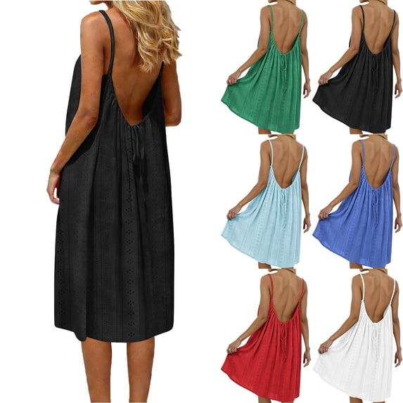 YHAJDS Women Casual Dress Homewear Solid Color Strap Backless Loose Dress Mid Calf Dress
