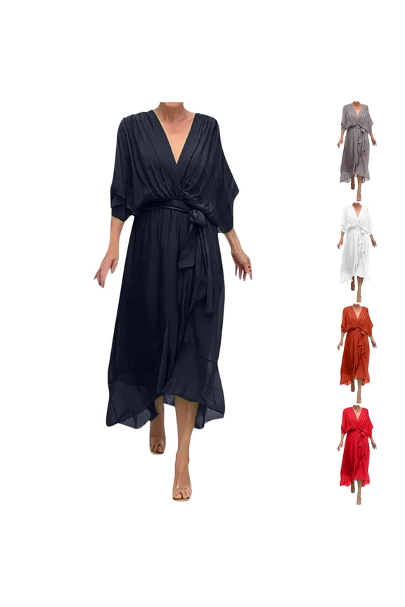 Women Casual Dress Solid Color Waist Asymmetrical Hem Long V Neck Dress