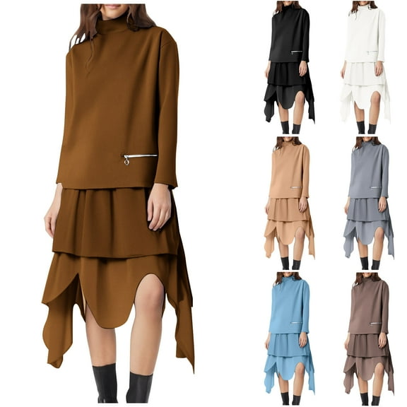 YHAJDS Women Casual Outfit Set,2 Piece Sets for Women High Neck Long Sleeve Top and Midi Dress Womens 2 Piece Set for Fall Winter