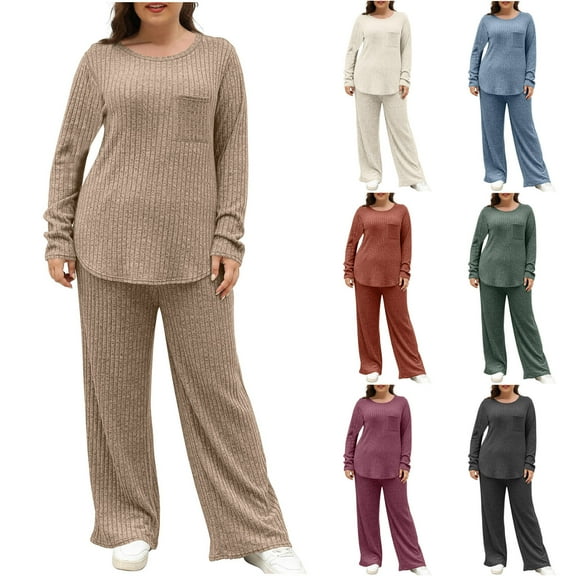 YHAJDS Women Casual Outfit Set,Sets for Women 2 Piece Sets for Women Solid Color Crew Neck Long Sleeve Knit Top with Pocket Pants Plus Size Womens 2 Piece Set