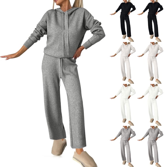 YHAJDS Women Casual Outfit Set,Sets for Women Solid Color 2 Piece Sets for Women Long Sleeve Hooded Top and Wide Leg Drawstring Pants Warm Sweat Suit Sets Women 2 Piece Outfits for Fall Winter