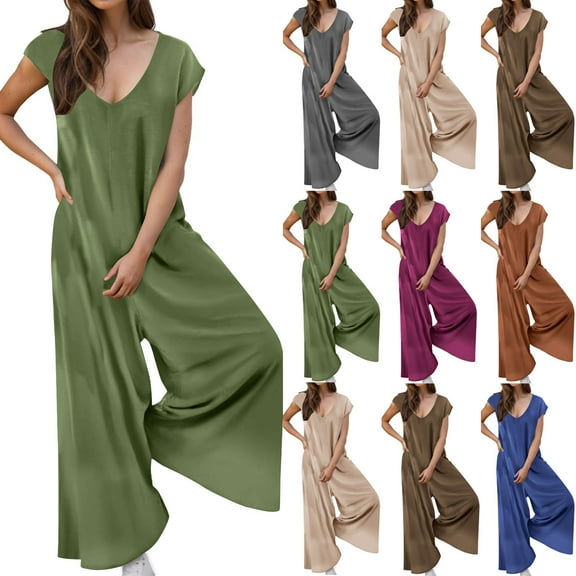 YHAJDS Women Casual Outfit Set,Womens 2 Piece Set Solid Color Round Neck Sleeveless Jumpsuit with Side Pockets High Waist Elastic Waist Long Pants Outfits