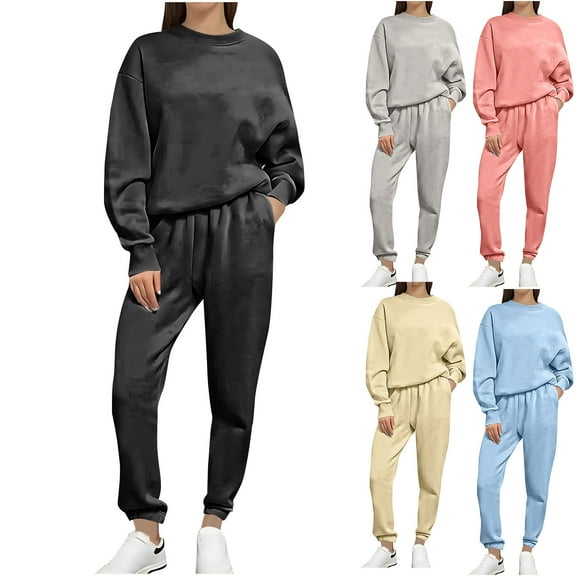 YHAJDS Women Casual Outfit Set,Womens 2 Piece Set Sweat Suit Sets Women 2 Piece Outfits Solid Color Long Sleeve Crew Neck Top And Pants Casual Fashion Sports Suit For Women Fall Winter