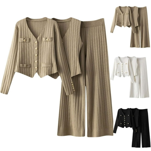 YHAJDS Women Casual Outfit Set,Womens Sets Knit Suit Women 2 Piece Outfits Solid Color Knit and Tweed Style Cardigan with Wide Leg Pants 3 Piece Set