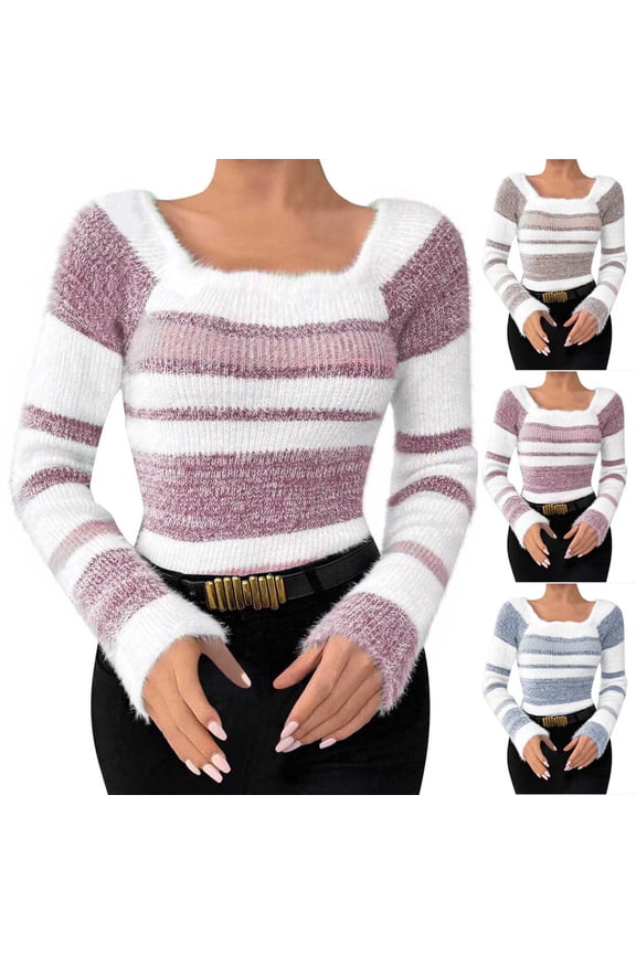 Women Casual Sweater,Sweaters for Women Women Sweaters Trendy Fall Sweaters for Women Women's Striped Color Block Long Sleeve Round Neck Square Neck Knit Pullover Sweater