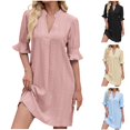 thumbnail image 1 of YHAJDS Women Dress Short Sleeve Solid Color V Neck with Lace Hem Half Sleeve, 1 of 5