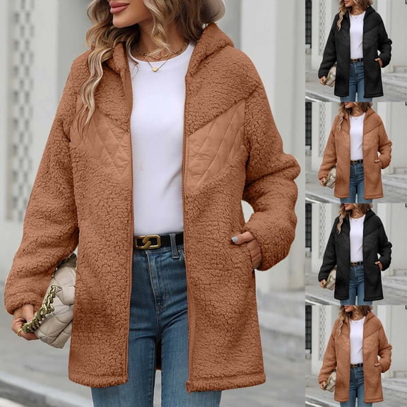 YHAJDS Women Fall Winter Casual Coat,Winter Women's Coat Jackets for Women Solid Color Long Sleeve Hooded Mid Length Zip Up Loose Fleece Cardigan Jacket Casual Outerwear for Fall and Winter